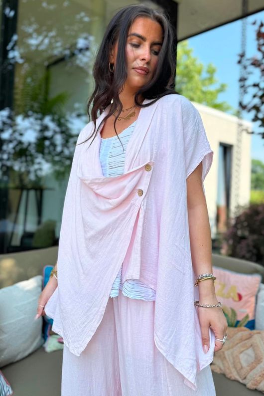 Sandbar Linen Blend Drape Front Cap Sleeve Gilet Rosewater